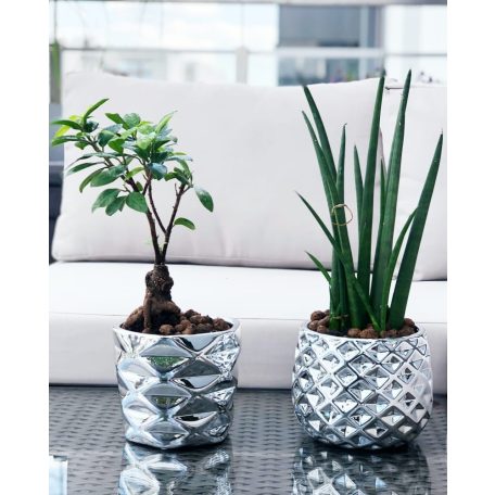 Kerámia kaspó Moon - Ezüst - 16x13 cm - Raktáron