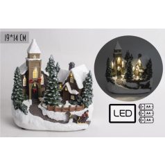 Karácsonyi templom forgó fenyőfával - 19x14 cm