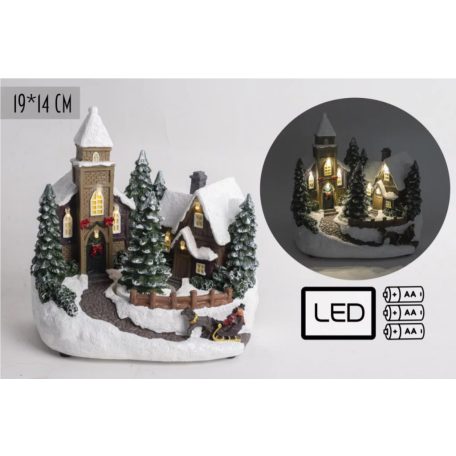 Karácsonyi templom forgó fenyőfával - 19x14 cm