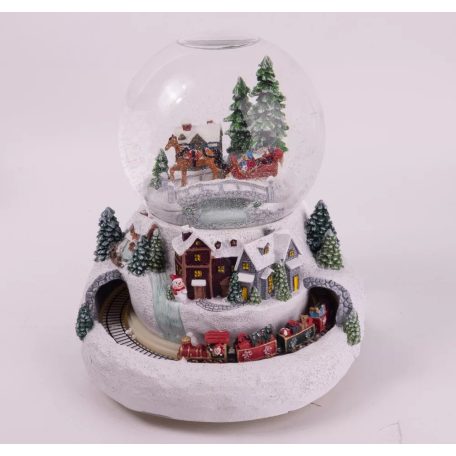 Karácsonyi hógömb - LED-es+zenélő, mozgó vasút - Havas táj - 24 cm
