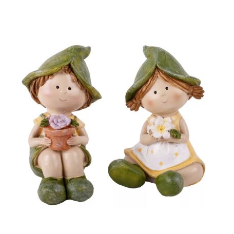 Fiú-lány figura ülő, virággal - 8 cm