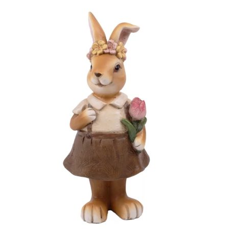 Nyuszi figura tulipánnal - Barna - 15 cm - Raktáron