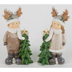 Karácsonyi fiú-lány figura fenyővel - 16 cm	