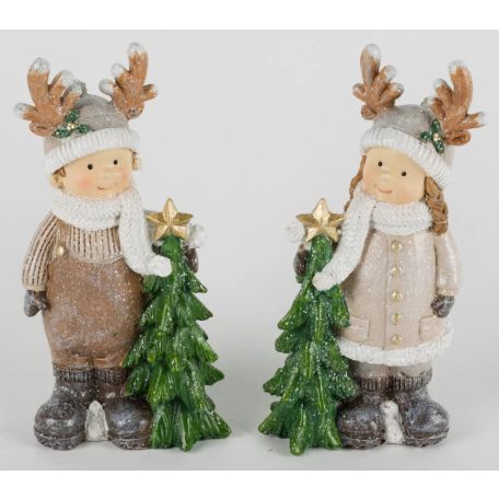 Karácsonyi fiú-lány figura fenyővel - 16 cm	