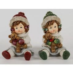 Karácsonyi lány figura macival - Bordó-zöld - 11,7 cm