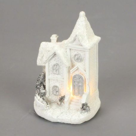 Fehér-ezüst világítós házikó kicsi  -10 cm