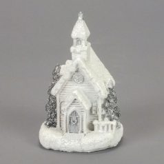 Fehér-ezüst LED-es templom  - 5,9x6,6x10,7 cm