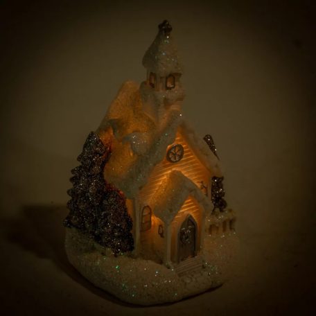 Fehér-ezüst LED-es templom  - 5,9x6,6x10,7 cm
