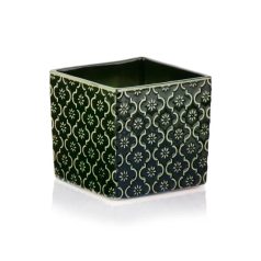 Kocka kerámia kaspó - Vintage - Sötétzöld - 14x14x13 cm