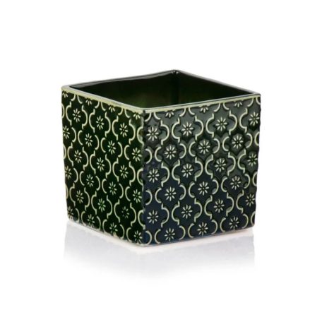 Kocka kerámia kaspó - Vintage - Sötétzöld - 14x14x13 cm