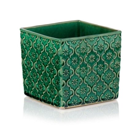 Kocka kerámia kaspó - Vintage - Zöld - 14x14x13 cm