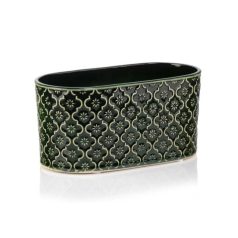   Ovális kerámia kaspó - Vintage - Sötétzöld - 25x13x12 cm