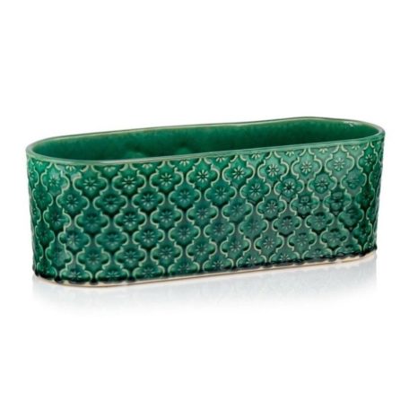 Ovális kerámia kaspó - Vintage - Zöld - 37x13x12 cm