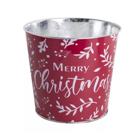 Bádog kaspó - Merry Christmas - Piros - 15 cm