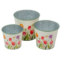   Bádog kaspó szett - Tulipán mintás - 11,5--13,5-15 cm - 3 db-os szett