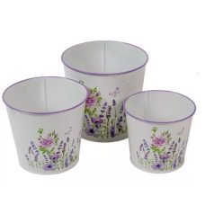   Bádog kaspó szett lila virágos - 11,5-13,5-15 cm - 3 db-os szett
