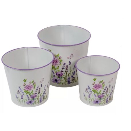 Bádog kaspó szett lila virágos - 11,5-13,5-15 cm - 3 db-os szett