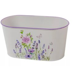 Bádog kaspó ovál - Lila virág mintás - 12x23x11cm