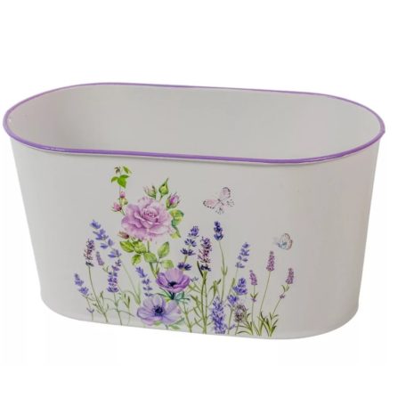 Bádog kaspó ovál - Lila virág mintás - 12x23x11cm