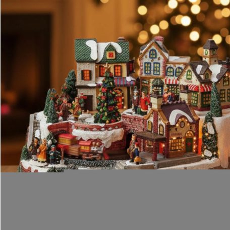 Karácsonyi város - fényekkel és mozgó vonattal - 34x24x22 cm  