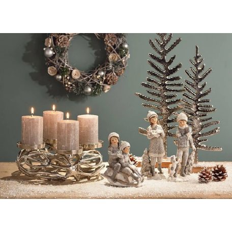 Lány figura cicával-fiú kutyával - Ezüst - 10x22x7 cm 