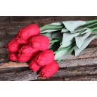 Piros mű bimbózó tulipán levelekkel - 65 cm