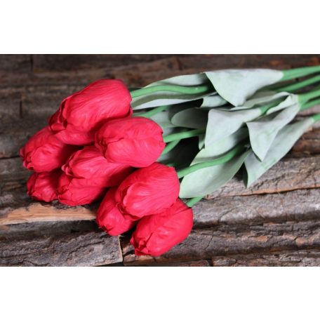 Piros mű bimbózó tulipán levelekkel - 65 cm