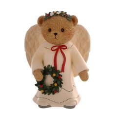 Karácsonyi maci angyalszárnnyal, koszorúval - 21 cm