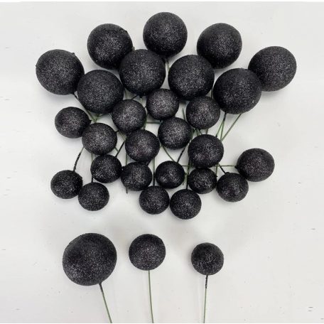  Csillámos gömb pick - Fekete - 30 db/csomag