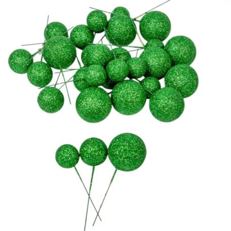  Csillámos gömb pick - Zöld - 30 db/csomag