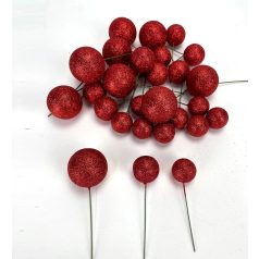 Csillámos gömb pick - Piros - 30 db/csomag