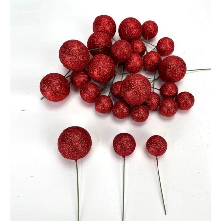  Csillámos gömb pick - Piros - 30 db/csomag