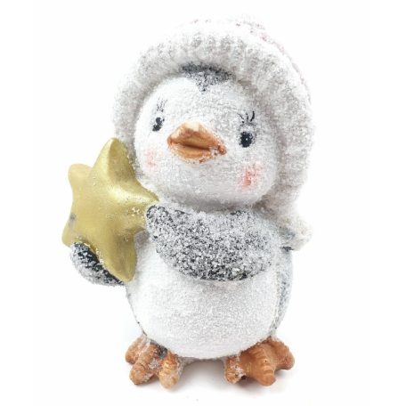 Piros sapkás havas pingvin figura - csillaggal - 14,5 cm