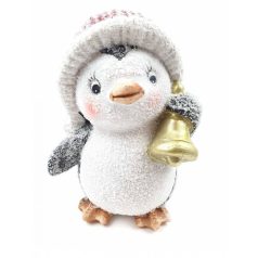  Piros sapkás havas pingvin figura - csengővel - 14 cm  