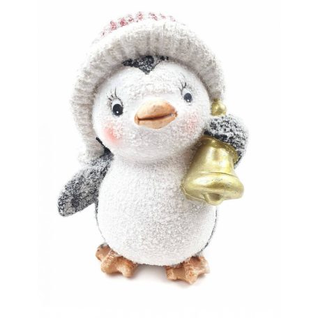  Piros sapkás havas pingvin figura - csengővel - 14 cm  