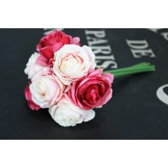 Fehér-rózsaszín művirág csokor - 7 rózsából - 24 cm 