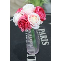 Fehér-rózsaszín művirág csokor - 7 rózsából - 24 cm 