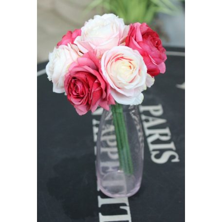 Fehér-rózsaszín művirág csokor - 7 rózsából - 24 cm 