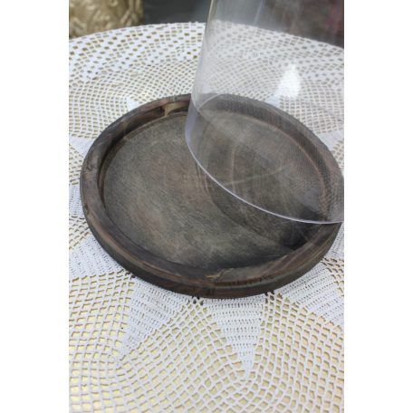 Átlátszó üveg kupola, fa tálcán - 29 cm