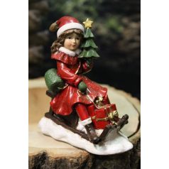 Piros karácsonyi figura - lány szánon - 11cm