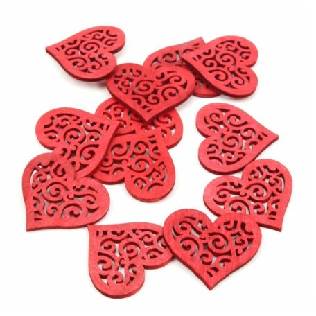  Inda mintás fa szív nagy - Piros - 4x3,5 cm - 12 db/csomag 