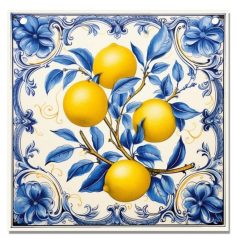   Nyomtatott fa tábla - Mediterrán csempe minta - citromos - 12,5x12,5 cm