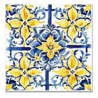 Nyomtatott fa tábla - Mediterrán csempe minta - Kék-sárga - 12,5x12,5 cm 