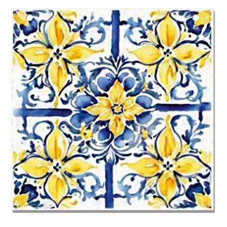 Nyomtatott fa tábla - Mediterrán csempe minta - Kék-sárga - 12,5x12,5 cm 