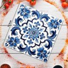 Nyomtatott fa tábla - Mediterrán csempe minta - Kék mintás - 12,5x12,5 cm 