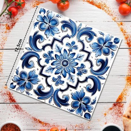 Nyomtatott fa tábla - Mediterrán csempe minta - Kék mintás - 12,5x12,5 cm 