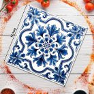 Nyomtatott fa tábla - Mediterrán csempe minta - Kék mintás - 12,5x12,5 cm 