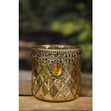 Arany üveg gyertyatartó dekor drágakővel - 10 cm