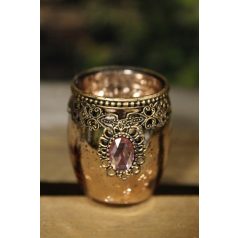 Rózsaszín díszes üveg gyertyatartó - 9 cm