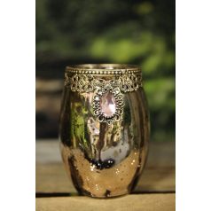 Rózsaszín díszes üveg gyertyatartó - 11 cm